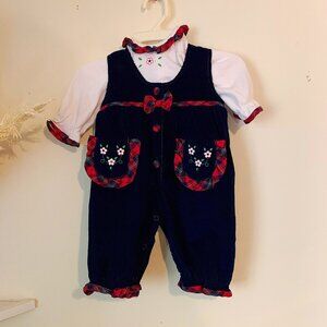 Vintage 90s Baby Girl Blue Corduroy Plaid Overall Set 3-6 Months